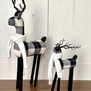Set of Two Country Farmhouse Plush Black White Plaid Check Reindeers 22” and 11”
